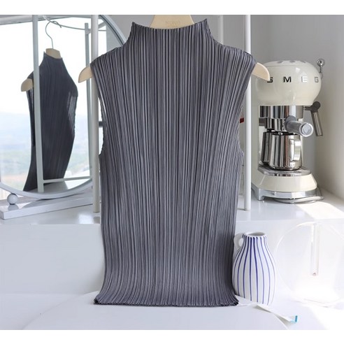 일본 플리츠플리즈 이세이미야케 PLEATS PLEASE 스판 베이직 셔링 하이넥 나시 클래식플레이트 탱크탑