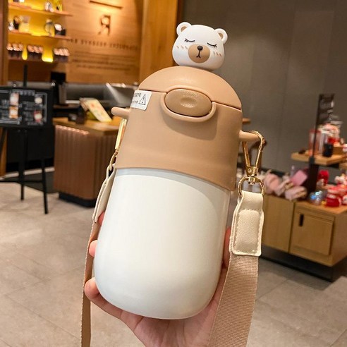 [LM] 500ml 곰 스티커 보온병 스테인레스 스틸 절연 뜨거운 음료 컵 밀짚 선물, Coffee