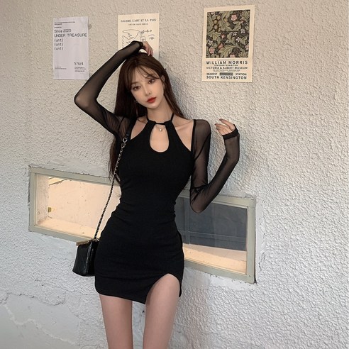 망사 배색 홀터넥 슬림 원피스 AMJ 엘레강스 반지