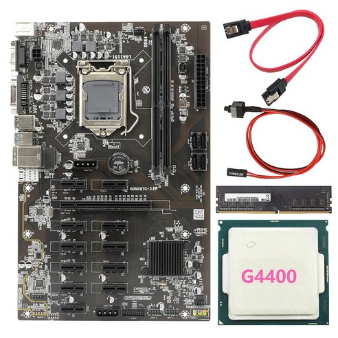 BTC-B250 광업 마더 보드 지원 12 GPU LGA1151 + G4400 CPU + DDR4 8G 2133 MHz 메모리 + SATA 케이블 + 스위치 케이블, 보여진 바와 같이, 하나