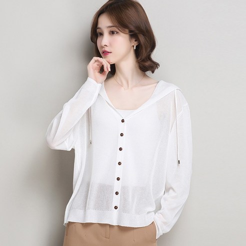 Modlauna 여성 여름 시스루 가디건 빅사이즈 베이직 자외선차단 쿨터치 얇은 후드 니트가디건