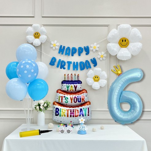 연지마켓 생일 파티 케이크 데이지 왕관 숫자 풍선 가랜드 세트, 1세트, 케이크 블루B 6