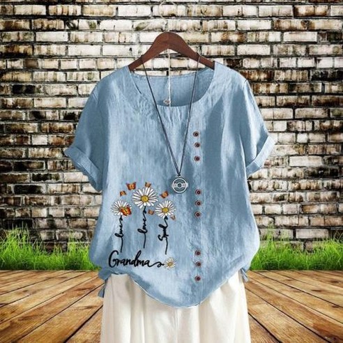 여성 꽃무늬 면 린넨 반팔 블라우스 셔츠 해변 리조트 휴가 플러스 사이즈