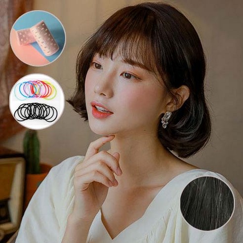 에어뱅 인모 앞머리가발+ 헤어롤(1개)+헤어밴드(5개), 내츄럴블랙
