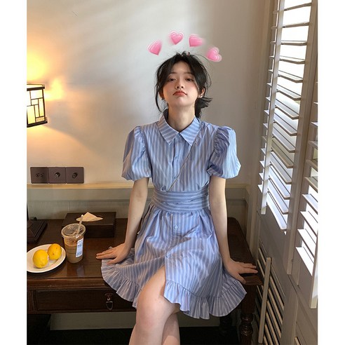 YANG 한국어 스타일 스트라이프 버블 슬리브 폴로 드레스 새로운 스타일 작은 허리 셔츠 스커트
