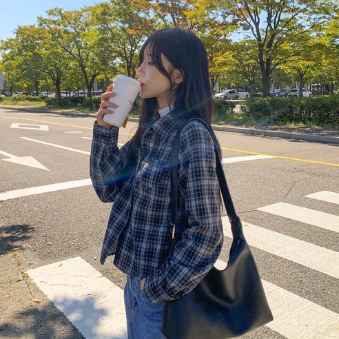 로그데이 여성용 슬림핏 카라 체크 셔츠
