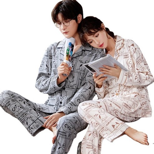 ANKRIC 수면잠옷 커플 잠옷 여가을 루즈핏 긴팔 캐릭터 남녀 홈웨어 세트 생방송