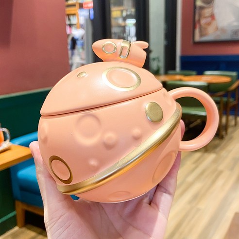 개성 창의력 별 머그컵 우유 컵 끈 뚜껑 큰 용량 도자기 컵, 핑크/핑크, 440ML