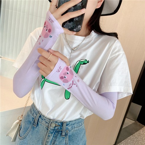 DFMEI 선플라워 캐릭터 아이스 슬리브 한국판 아이스 글러브 팔 보호대 여름 여자 차양 큐티인스소매 덮개, DFMEI 영문 돼지(심리스일체)