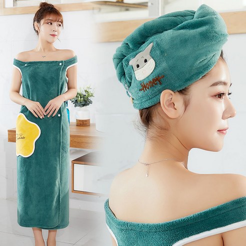 여름철 가정용으로 감쌀 수 있다 흡수속도 마르지 않는다 산호모 크다 목욕 가운 목욕치마, 포켓형 그린+드라이 모자, {"규격(가로*세로cm)":"M(80~105근)"}