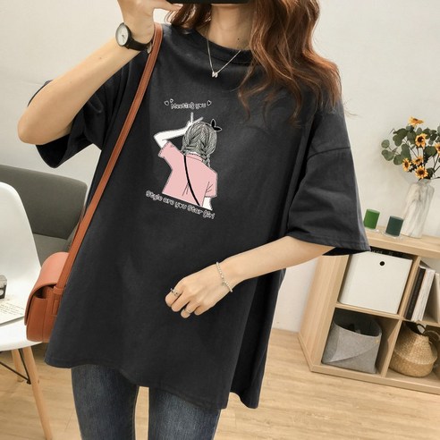 스타일아유 여성 여름 면 반팔 티셔츠 프린트 캐릭터 M~2XL 오버핏 반팔티 롱티 자체제작