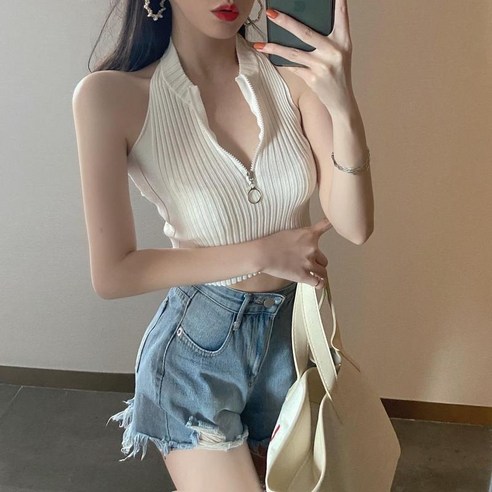 DFMEI 여름 민소매 반팔 티셔츠 목도리 짧은 멜빵 상의