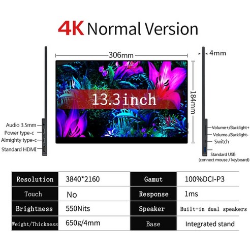 추천상품 서브모니터 Xbox 스위치 노트북용 OLED 4K UHD 터치스크린 휴대용 모니터 C타입 HDMI 호환 외부 게이밍 15.6 인치