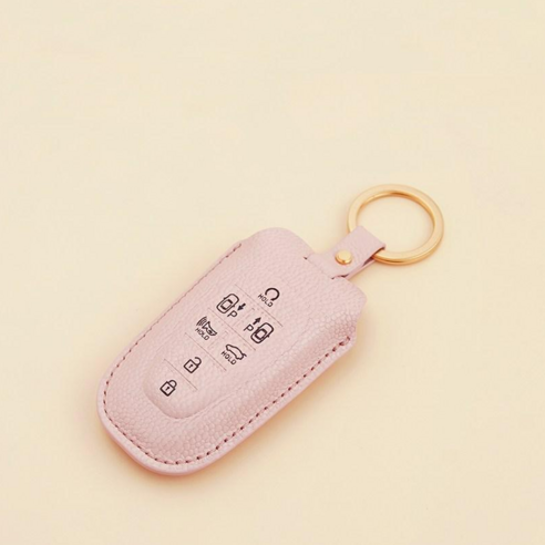 파라코리아 가죽 스마트키케이스 현대차용 (더뉴그랜저 싼타페 쏘나타 올뉴투산 넥쏘등/사피아노무늬/캐비어무늬), 현대 타입C 7버튼, 캐비어무늬, 파스텔핑크