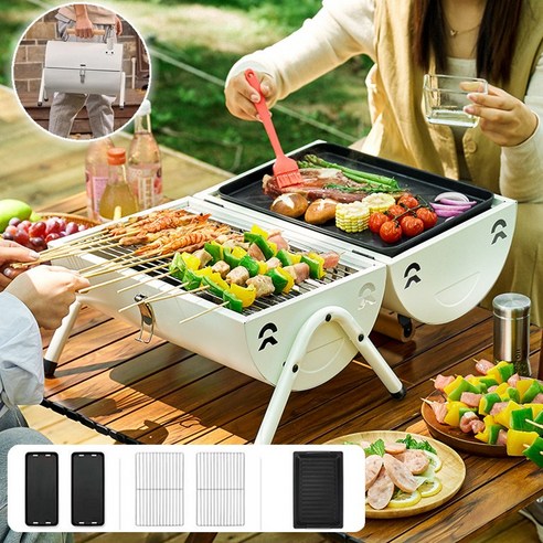 캠핑용 숯불 그릴 야외바베큐그릴 휴대용 바베큐 스토브+구이판, 블랙
