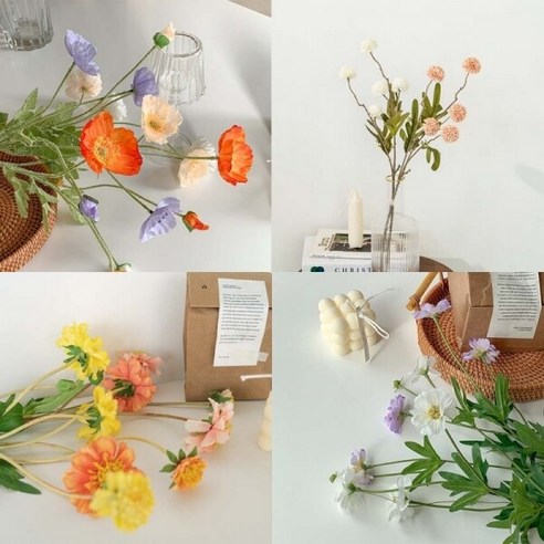 마켓비엔티 생화 같은 인테리어 조화 꽃 카페 플라워 데이지 장미 민들레 찔레 스카비오사, 양귀비 화이트, 양귀비 화이트