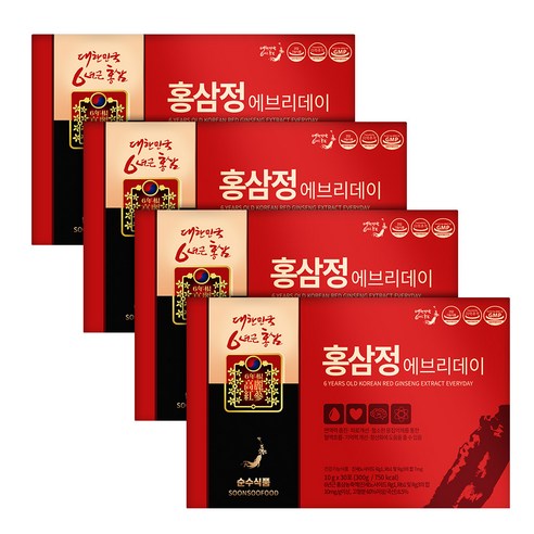 순수식품 6년근 홍삼정 홍삼 스틱 4박스(120포)+쇼핑백 면역력, 300g, 4개