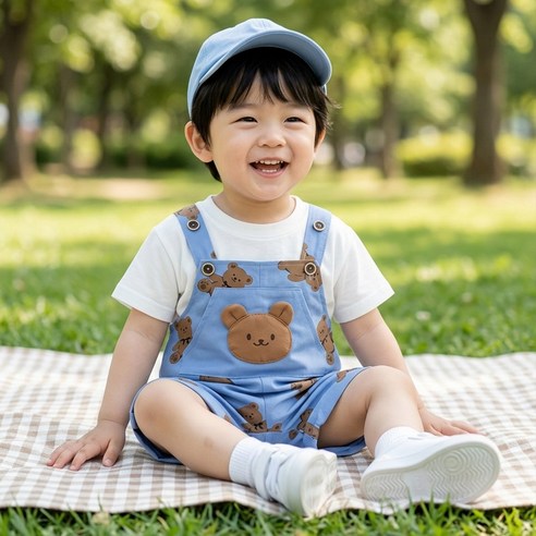 몽실이 베어프린트 반팔 멜빵세트 여름 상하복 외출복 유아