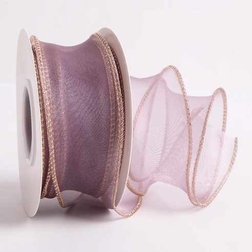 일상채움 오간자 오간디 쉬폰 리본 포장 40mm 9미터 2p, 9m, 금박 그레이 퍼플