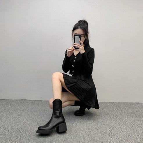 갈색 날씬해 보이는 하이힐 첼시 부츠 자녀 봄가을 부츠 굵은 굽 마틴 부츠 두꺼운 바닥 마른 부츠
