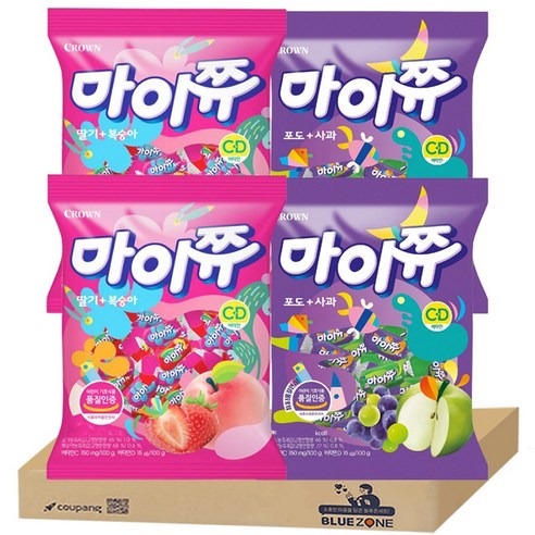 [블루존] 마이쮸 대용량 2종 세트 1112g (딸기 복숭아 278g x2 + 포도사과 278g x2), 1.124kg