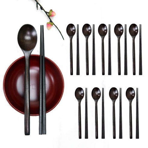 딱다구리 모란 고급 나무 옻칠수저세트, 블랙 10인세트, 1개