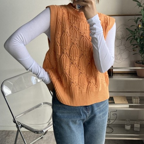 뜨개진 여성용 코튼 스카시 라운드 니트 틴즈베스트 뜨개니트 뜨개진 여성용 코튼 스카시 라운드 니트 틴즈베스트 뜨개니트