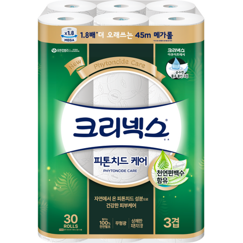 크리넥스 3겹 피톤치드 케어 메가롤 천연펄프 화장지 45m, 1개, 30롤
