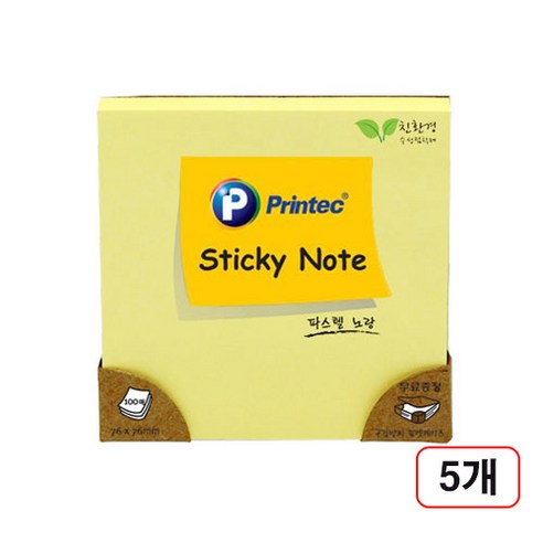 프린텍)스티키노트 파스텔(76x76mm/100매), 5개, 노랑(7676Y)