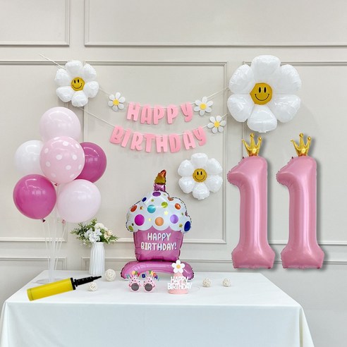 연지마켓 생일 파티 케이크 데이지 왕관 숫자 풍선 가랜드 세트, 1세트, 케이크 핑크A 11