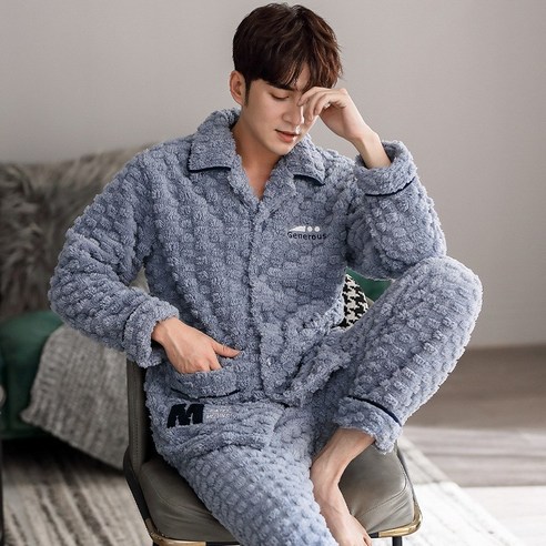 DFMEI 가을 겨울 남성 잠옷 두껍고 보온 플란넬 홈웨어 카디건 터틀넥 캐시미어 코랄 세트