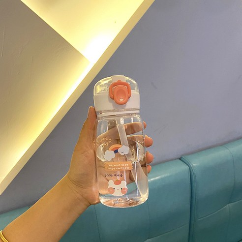 DFMEI 휴대용 끈 플라스틱 빨대 컵 잠금컵 여름 시니어 스포츠 점프 커버, 귀여운 1 백 400ml 핑크 흡입, 에