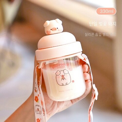 CAICHEN 돼지 컵 고온 저항하는 휴대용물통, 단일 사쿠라 돼지 주전자, 330ml