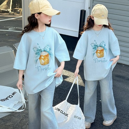 비비키드 여아 여름 초중생 상하복 세트 주니어 반팔티 상의+청바지 세트 초등생 긴바지 세트 아이스컵 리본 포인트 (77361)