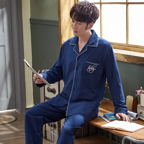 DFMEI 가을 겨울 순면 잠옷 남성 긴팔 홈웨어 심플한 전면 홈웨어 터틀넥 카디건 프리미엄 세트