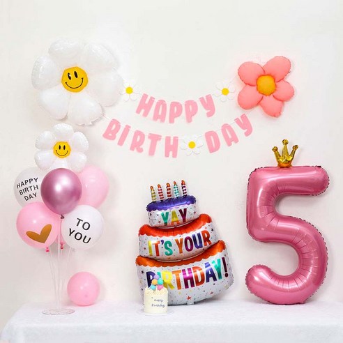 [피앤비유니티] 캐릭터무광데이지 생일케익풍선세트 스탠드형, 04-05)무광데이지생일풍선세트 5 핑크, 1세트