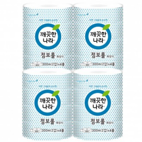 깨끗한나라 ECO 점보롤 화장지, 300m 길이, 4개입, 14,950원, 평점 4.5/5, 재생펄프, 무향, 무형광