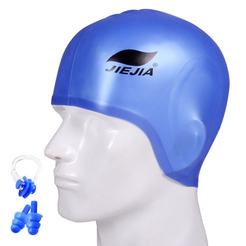 [SW] 수영 모자 성인용 방수 귀 보호 수영 모자 코 클립 및 귀마개 포함 여성용 남성 여름 수영장 입욕 모자, Blue