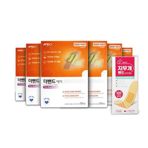 아텍스 더밴드 에이 대용량 밴드 혼합형 80매입 X 6개 총480매 + 지우개밴드 10매 멸균밴드, 더밴드에이 대용량혼합형 6개 + 지우개밴드 1개