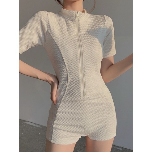 보라운 여성 반팔 원피스 비키니 수영복, 화이트