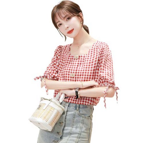 퀸하우스 체크무늬 소매리본 블라우스