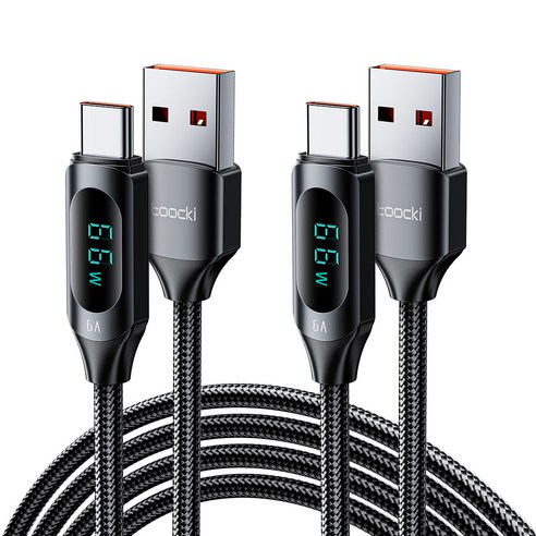 TOOCKI 알루미늄 합금 LED 디스플레이 6A C 타입초고속 충전 케이블블랙, 2m, 블랙, 2개