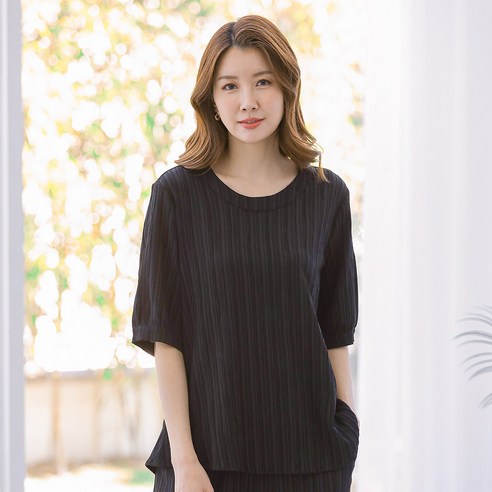 이브바바 여성 인견 5부소매 플리츠 셔링 블라우스 티셔츠