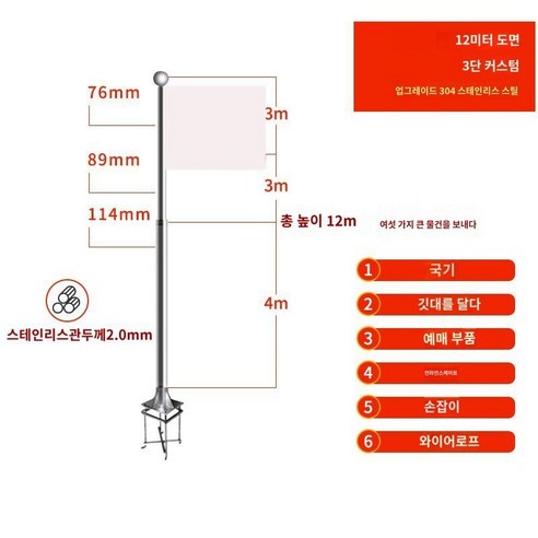 국기 게양대 대형 깃발봉 국기봉 계양대 행사장 학교 기업 캠퍼스 호텔, 76 + 63 mm  1 미터 가격(6미터적합)