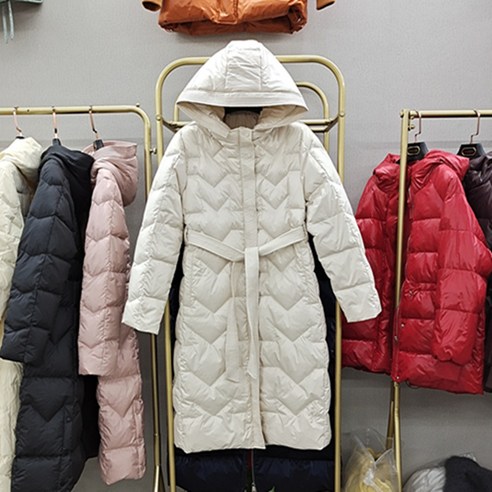 Mao 겨울 새로운 한국어 스타일 중간 길이 무릎 벨트 후드 슬리밍 소프트 화이트 오리 자켓 여성