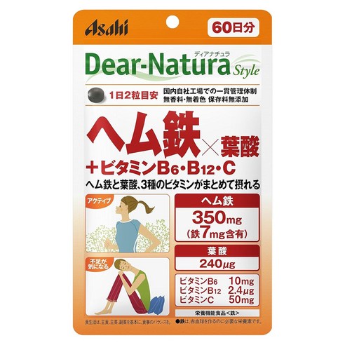 Asahi 디어 내츄라 스타일 헴철 350mg X 엽산 240ug + 비타민 B6 B12 C 타블렛, 1개, 120개입