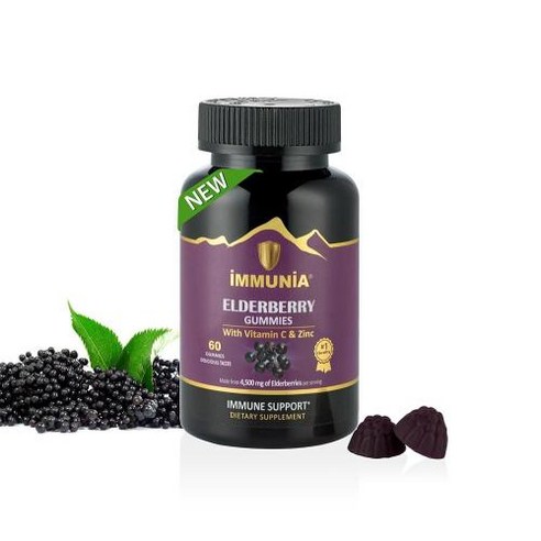 이뮤니아 엘더베리 구미. 최적의 면역 지원 제공. 고농도 엘더베리구미 2개당 4500mg. 비타민 C 아연과 함께. 천연 항산화제. 젤라틴 프리. 맛. 60개, 60정