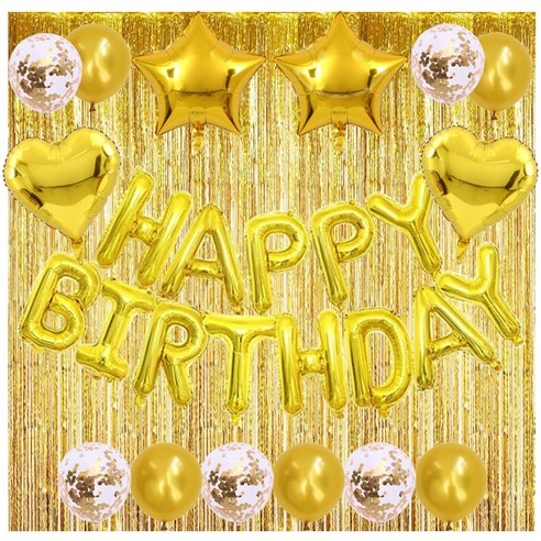 하트 스타 HBD 생일축하 은박풍선 세트 [에브리띵스마일] 1219, 1세트, 골드 풍선 커튼