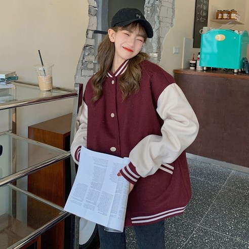 [쿠팡] 여성 루즈핏 기모 야구 점퍼 단추 캠퍼스 스타일 와인 네이비