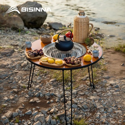 휴대용바베큐 접이식 라운드 테이블 스토브 캠핑 숯 그릴 보관 가방 포함 파티오 차, 1.Wood grain B3